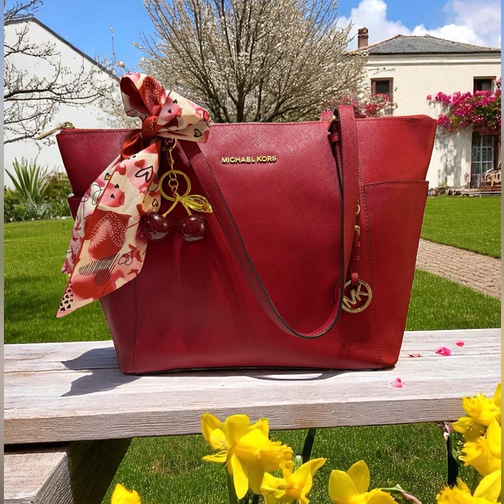 Michael Kors Red Tote Bag w/ Charm, Bag Scarf & Unbranded Dust Bag